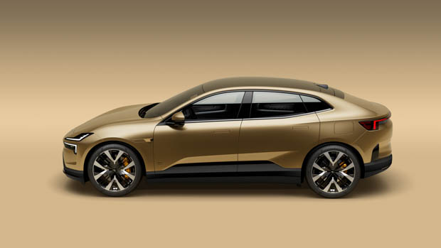 Polestar 4 aspect angle gold car