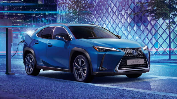 2021 Lexus UX300e charging coloured background