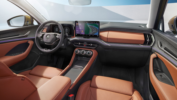 The internal dashboard of the 2024 Skoda Kodiaq accomplished in cognac tan leather-primarily based mostly mostly