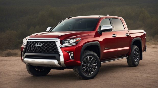 An AI-generated image of a crimson Lexus-branded pick-up truck in opposition to a background of forested bushes