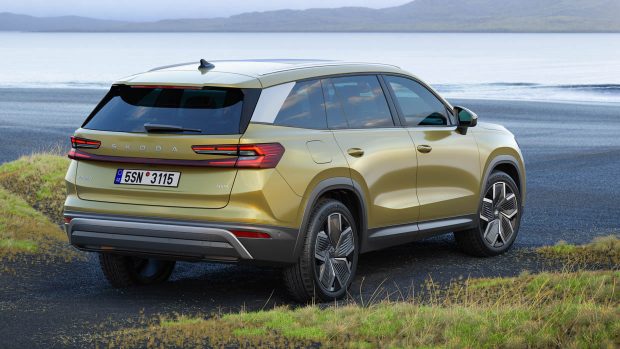 Rear kill shot of a 2024 Skoda Kodiaq accomplished in yellow paint