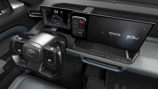 Yoke steering wheel and displays of the Toyota EPU electric opt-up truck ute theory automobile