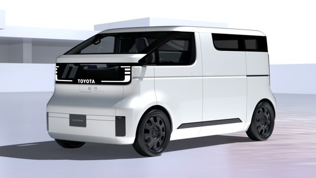 2023 Toyota Kayoibako EV conception van painted white, viewed from the front three quarter angle