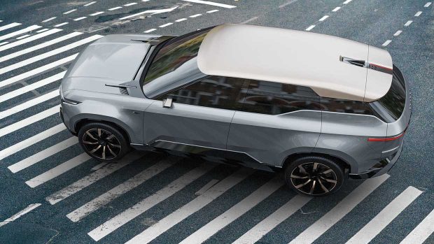 Top roof glance of the Toyota Land Cruiser SE electric principle SUV painted in silver