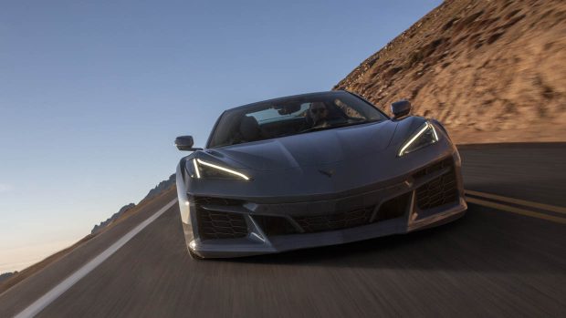 2024 Chevrolet Corvette E-Ray gray front perspective riding shot