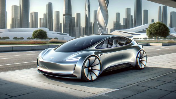 DALL·E 2024 01 25 17.04.39 A smaller sized futuristic concept car inspired by Tesla designs set against a modern cityscape. The car should feature sleek aerodynamic lines a g