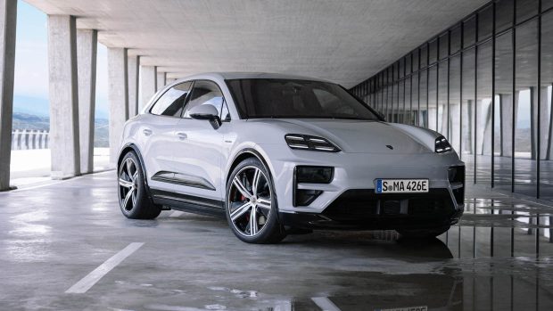 2024 Porsche Macan Turbo EV entrance 3/4 static shot