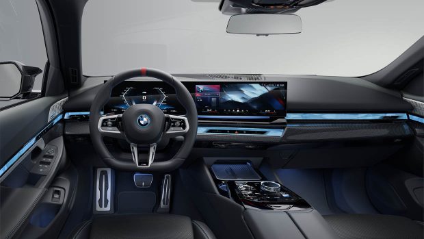 2024 BMW i5 Touring M60 xDrive interior broad angle with screens