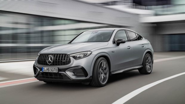 2024 Mercedes-AMG GLC63 S E Efficiency coupe front 3/4 driving shot