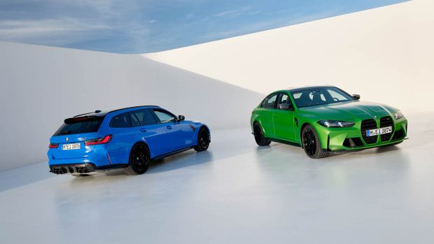 2024 BMW M3 Touring with M3 sedan static studio shot