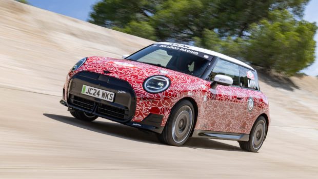 2024 Mini JCW E Prototype using shot entrance 3/4